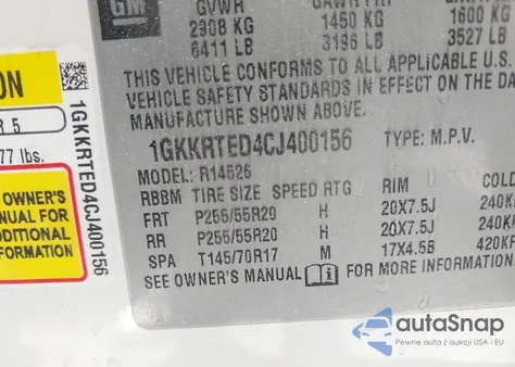 2012 GMC Acadia Denali from USA, damaged, VIN 1GKKRTED4CJ400156